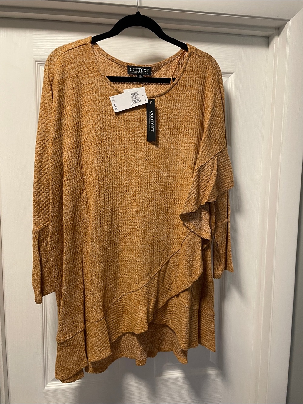 Context Mustard Ruffle Waffle-Knit Tunic Top